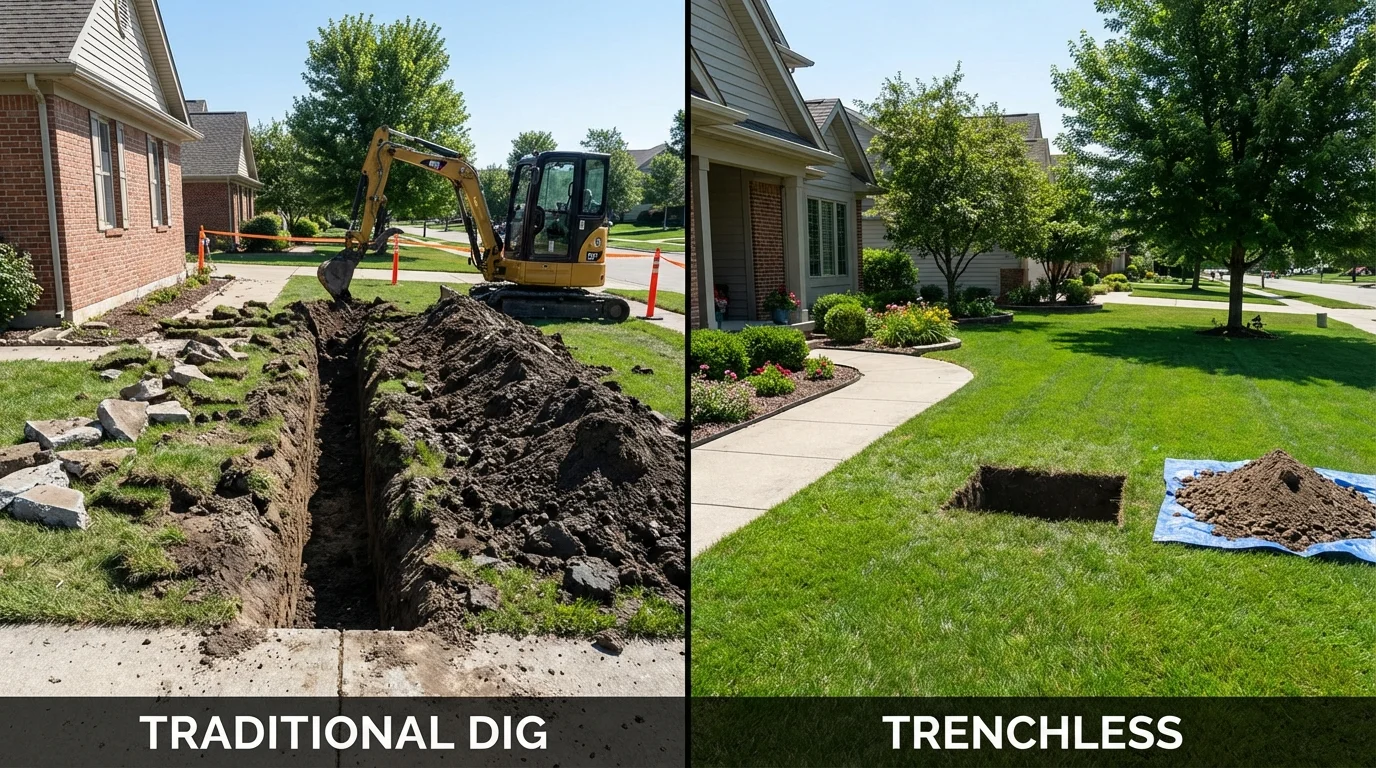Trenchless sewer repair with minimal yard damage versus traditional excavation in Aberdeen, MD
