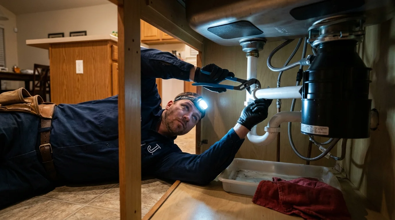 P-trap and supply line connections under a kitchen sink showing a common leak point in Aberdeen, MD